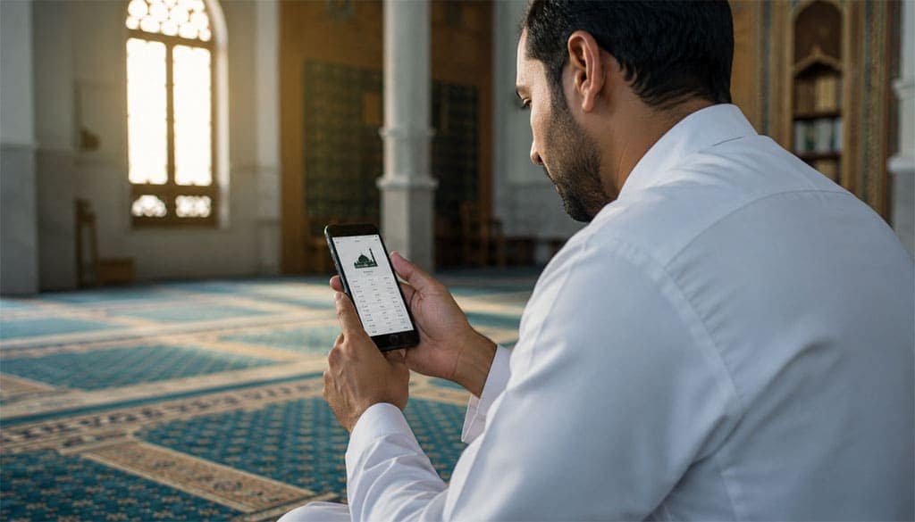 رجل يستخدم هاتف أندرويد داخل مسجد للتحقق من عودة مواقيت الصلاة والأذان بعد حل مشكلة اختفائها بالجوال.
