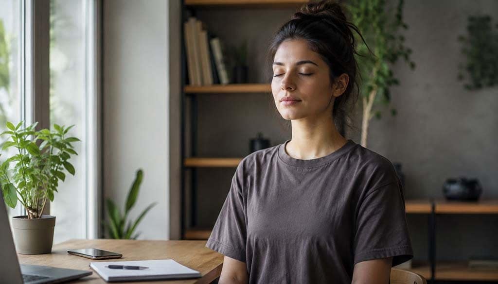 شابة تجلس بهدوء قرب نافذة مضيئة أثناء ممارسة التأمل بعيدًا عن الهاتف ضمن أجواء تعكس التركيز وصفاء الذهن.