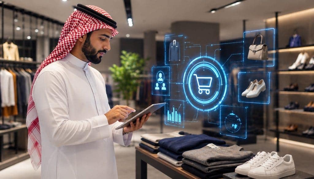 رجل خليجي يستخدم جهازاً لوحياً داخل متجر حديث مع واجهات رقمية ذكية تمثل الذكاء الاصطناعي في التجزئة الخليجية