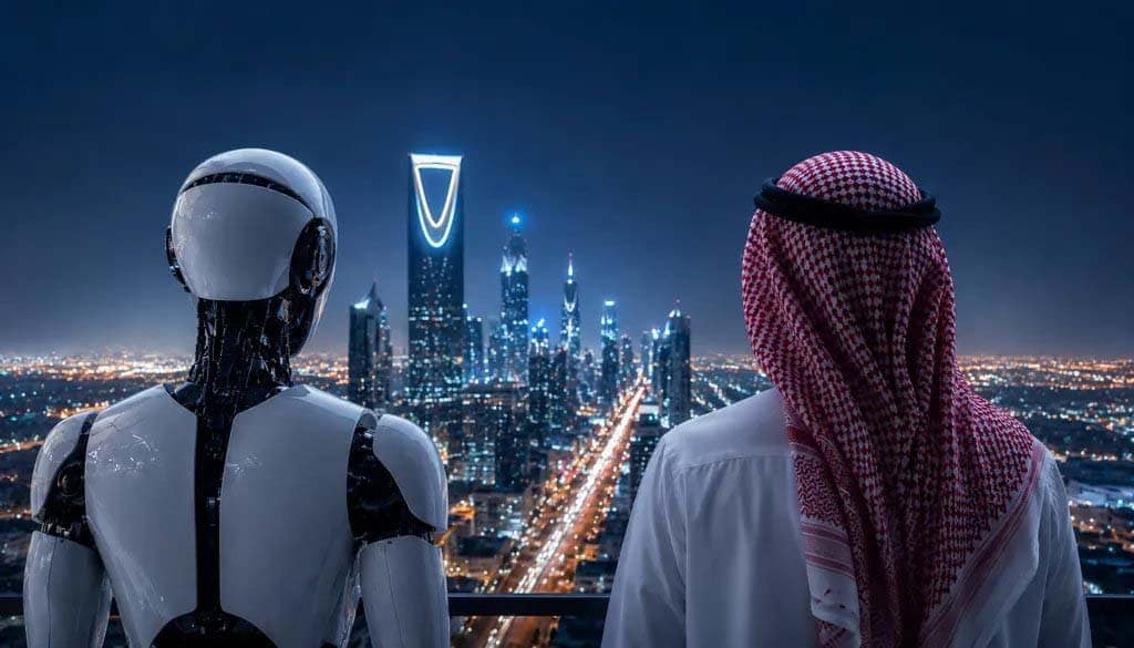 روبوت متطور يقف بجانب رجل خليجي أمام مدينة مستقبلية مضيئة ليلاً ضمن تصور عن الذكاء الاصطناعي