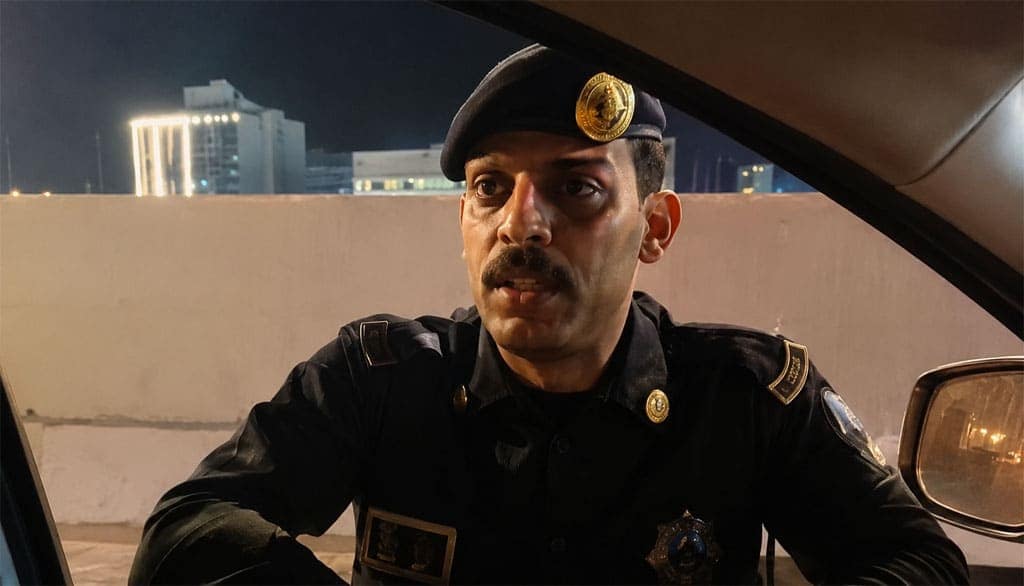رجل أمن سعودي يتحدث مع الحجاج من نافذة مركبة ليلًا وسط أجواء إنسانية تعكس الترحيب والاهتمام بالحجاج السوريين