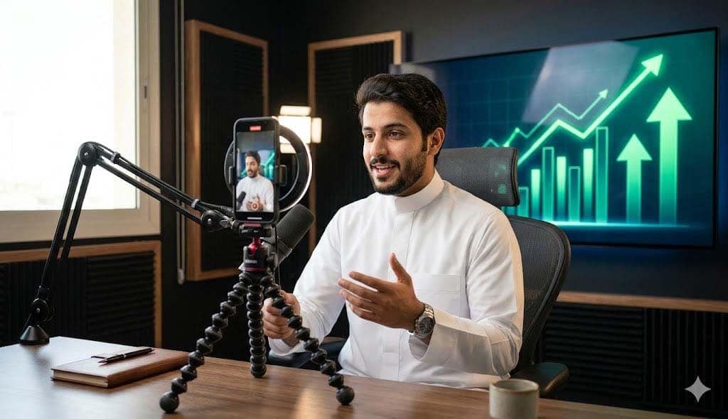 صانع محتوى سعودي يصور فيديو بهاتفه الذكي وخلفه شاشة تعرض نمو الأرباح واقتصاد المحتوى الرقمي في الخليج.
