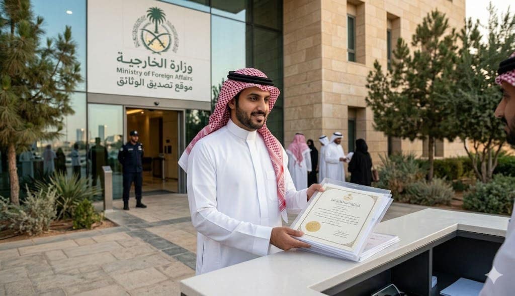 مبنى وزارة الخارجية لتصديق الوثائق مع شعار الوزارة، ومكتب يحتوي على ملفات، وشخص يضع وثيقة على المكتب.