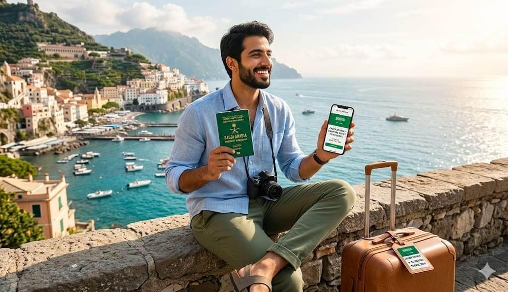 شاب سعودي يبتسم ويحمل جواز سفره أمام شاطئ أوروبي ساحر، تعبيراً عن سهولة السفر بدون فيزا للسعوديين 2026.