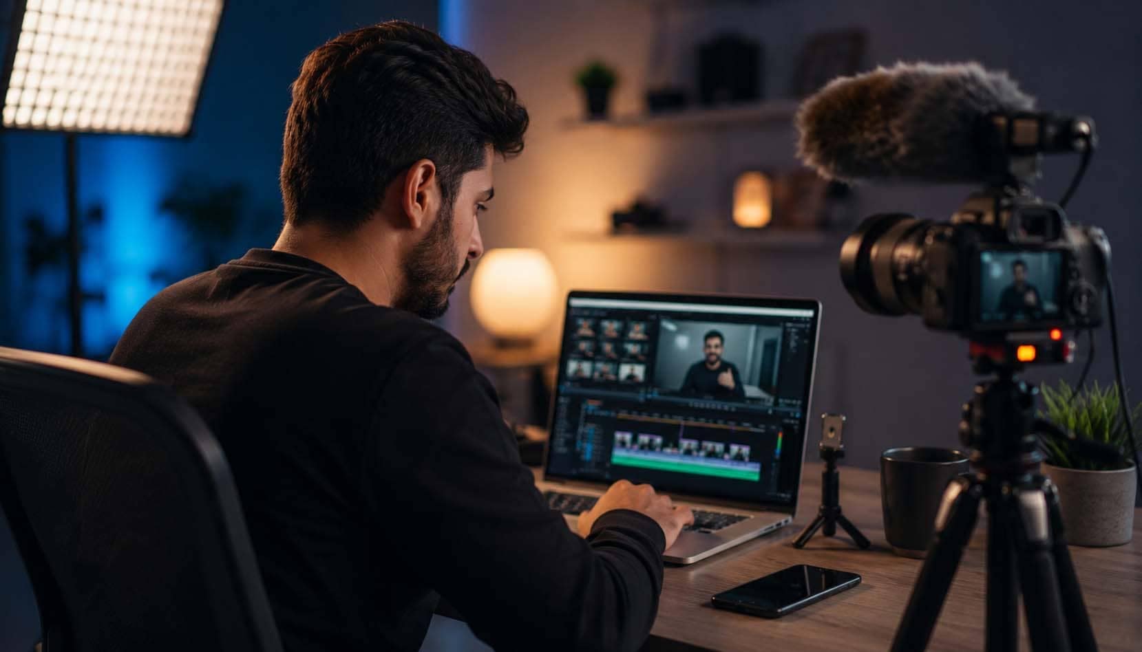 صانع محتوى يعمل على مونتاج فيديو داخل استوديو احترافي بإضاءة سينمائية ضمن صناعة المحتوى المرئي الحديثة
